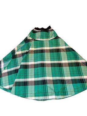 Green Plaid A-Line Italian Maxi Skirt with Elastic Waistband